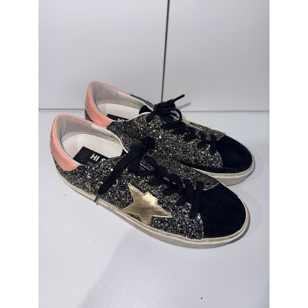 GOLDEN GOOSE Hi Star Glitter Star Black Pink Gold White Women's‎ Sneakers Sz 38